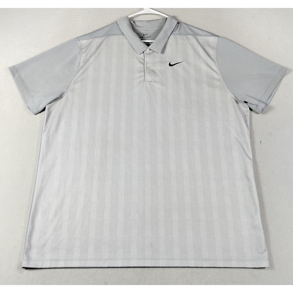 Nike Dri-FIT Golf Polo Shirt Mens 2XL Gray Check Performance Stretch Lightweight